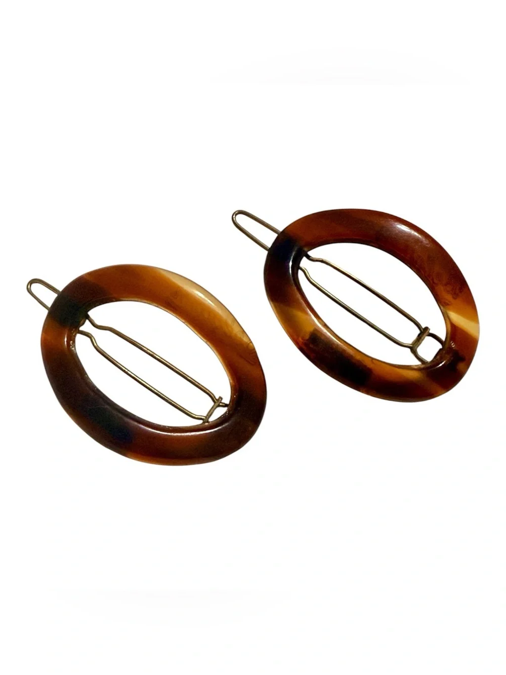 1960’s Tortoiseshell Oval Barrettes Hair Clips, One Pair, Made in Belgium, 1.5”